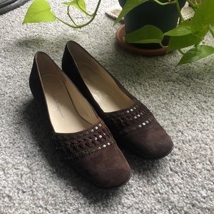 Salvatore Ferragamo suede slip on loafers 1 inch heel